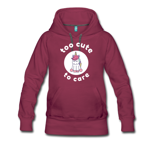 MYSTICAL Unicorn Too Cute to Care Women’s Premium Hoodie - burgundy