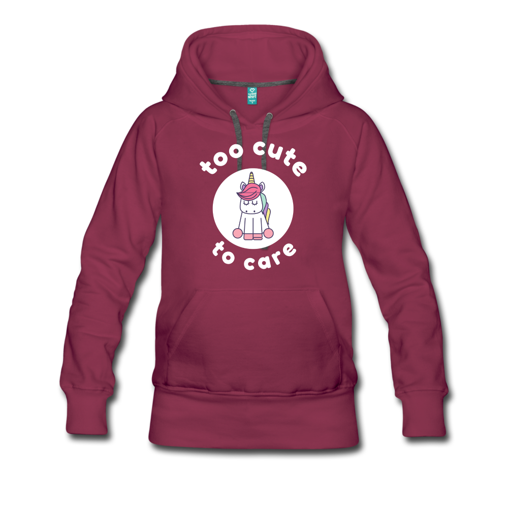 MYSTICAL Unicorn Too Cute to Care Women’s Premium Hoodie - burgundy